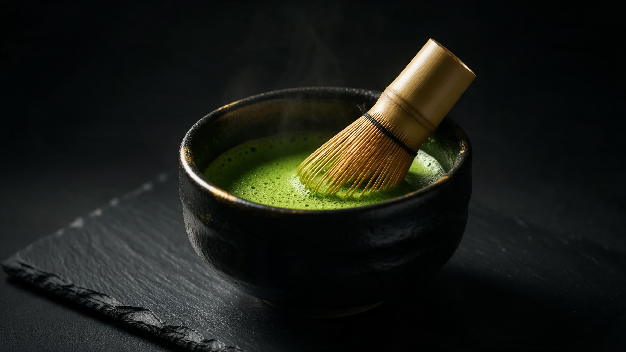 Ceremonial matcha whisked to a jade froth in a dark ceramic bowl.