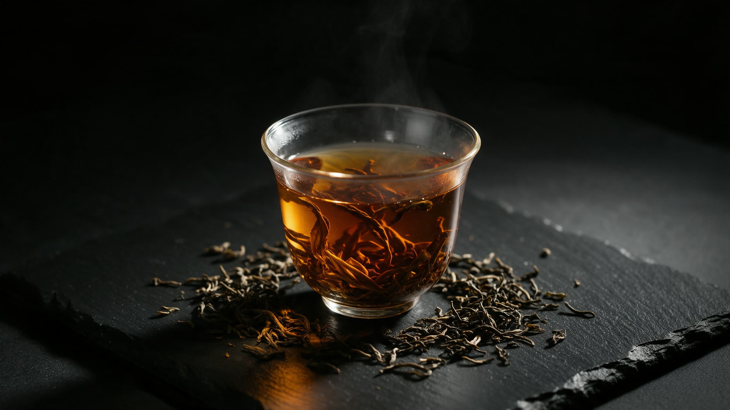 Whole specialty tea leaves steeping and scattered across dark slate.