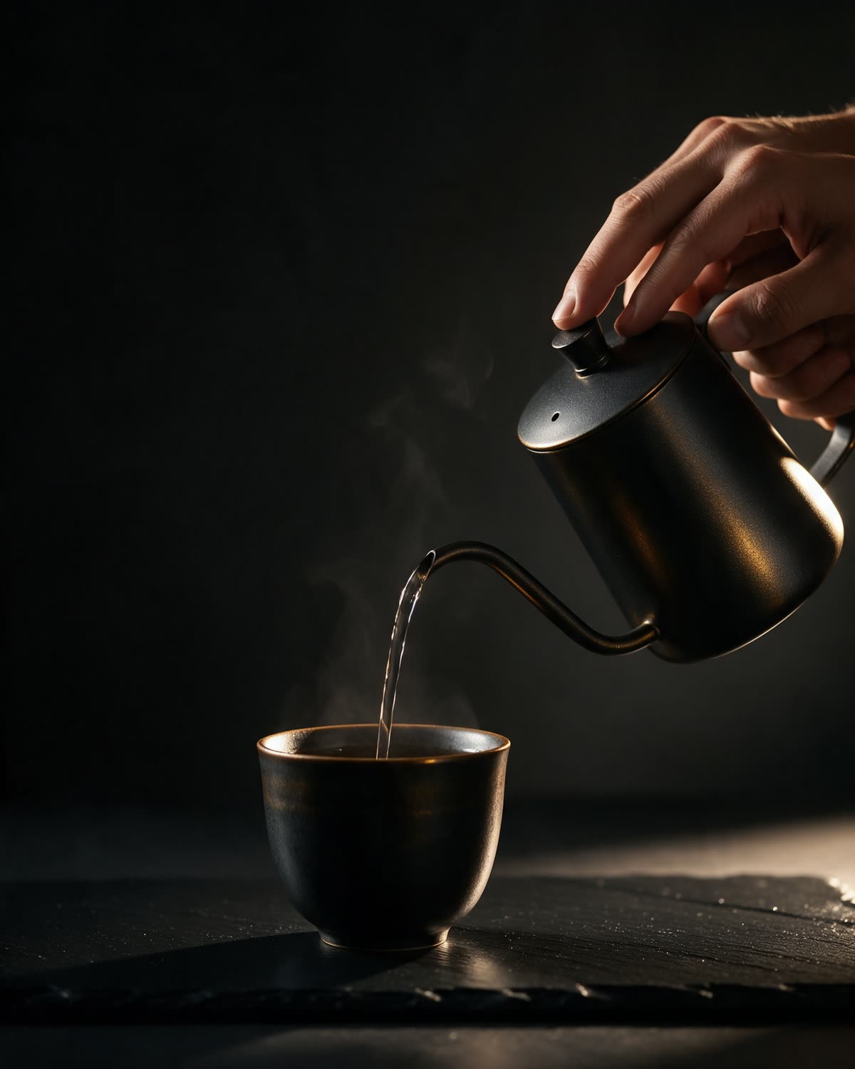 Hands preparing a beverage — sifting and whisking by hand in near darkness.