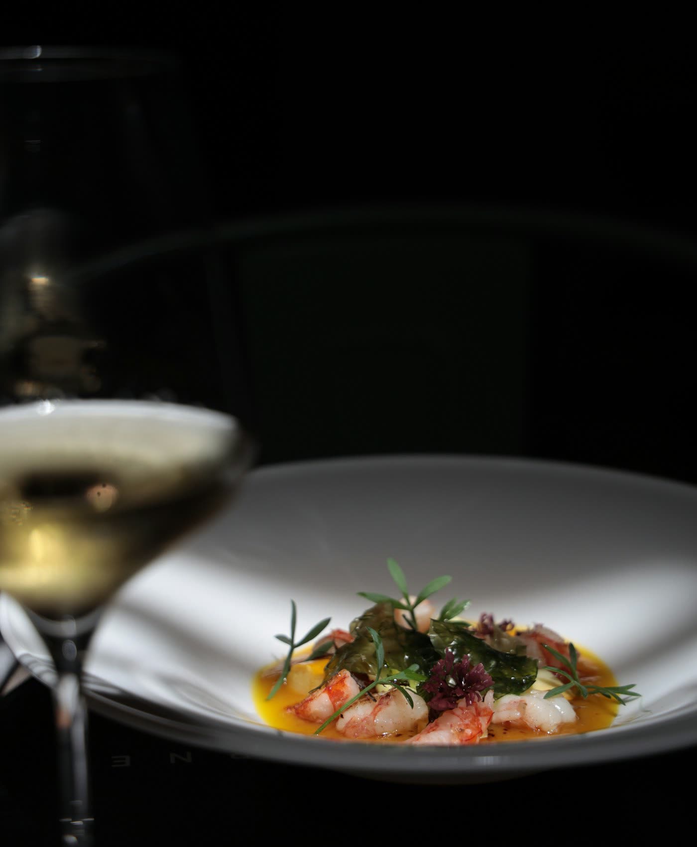 A finished dish plated with restraint under a single warm light.